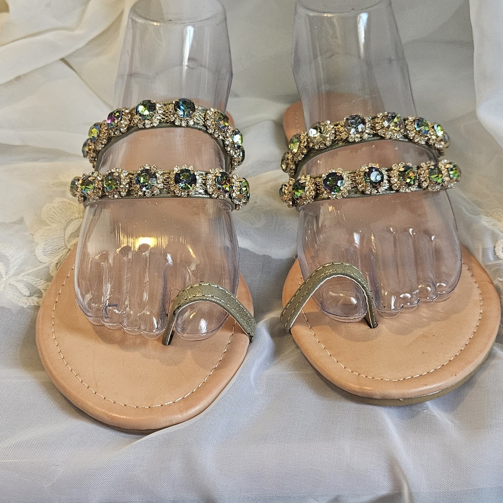 Women’s Bejeweled Green Gem Strappy Sandals